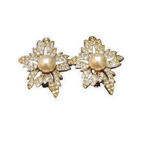 Vintage Signed Rhinestone and Pearl Fancy KJL Clip On Earrings (A4603)